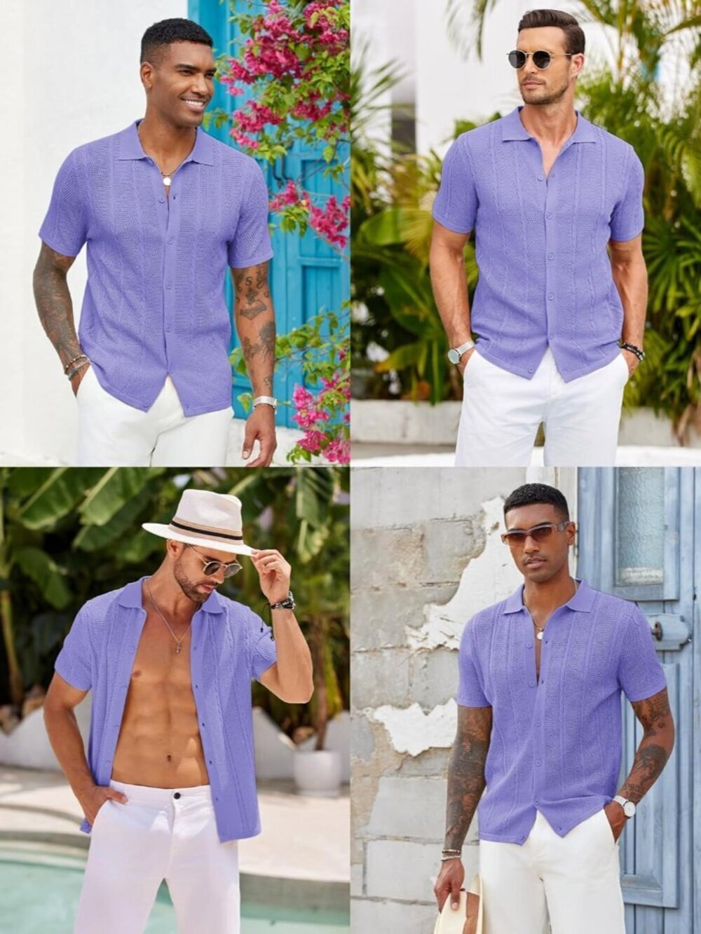 Men’s Light Purple Knit Button-Down Polo Summer Beach Casual Top Shirt - Picture 4 of 5